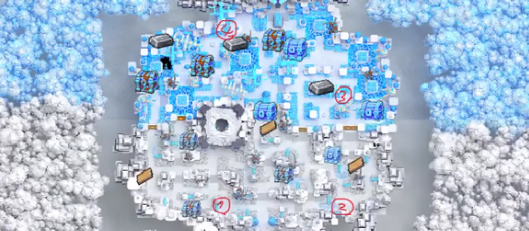 Catch a Brainrot map with the four miniboss spawn locations marked